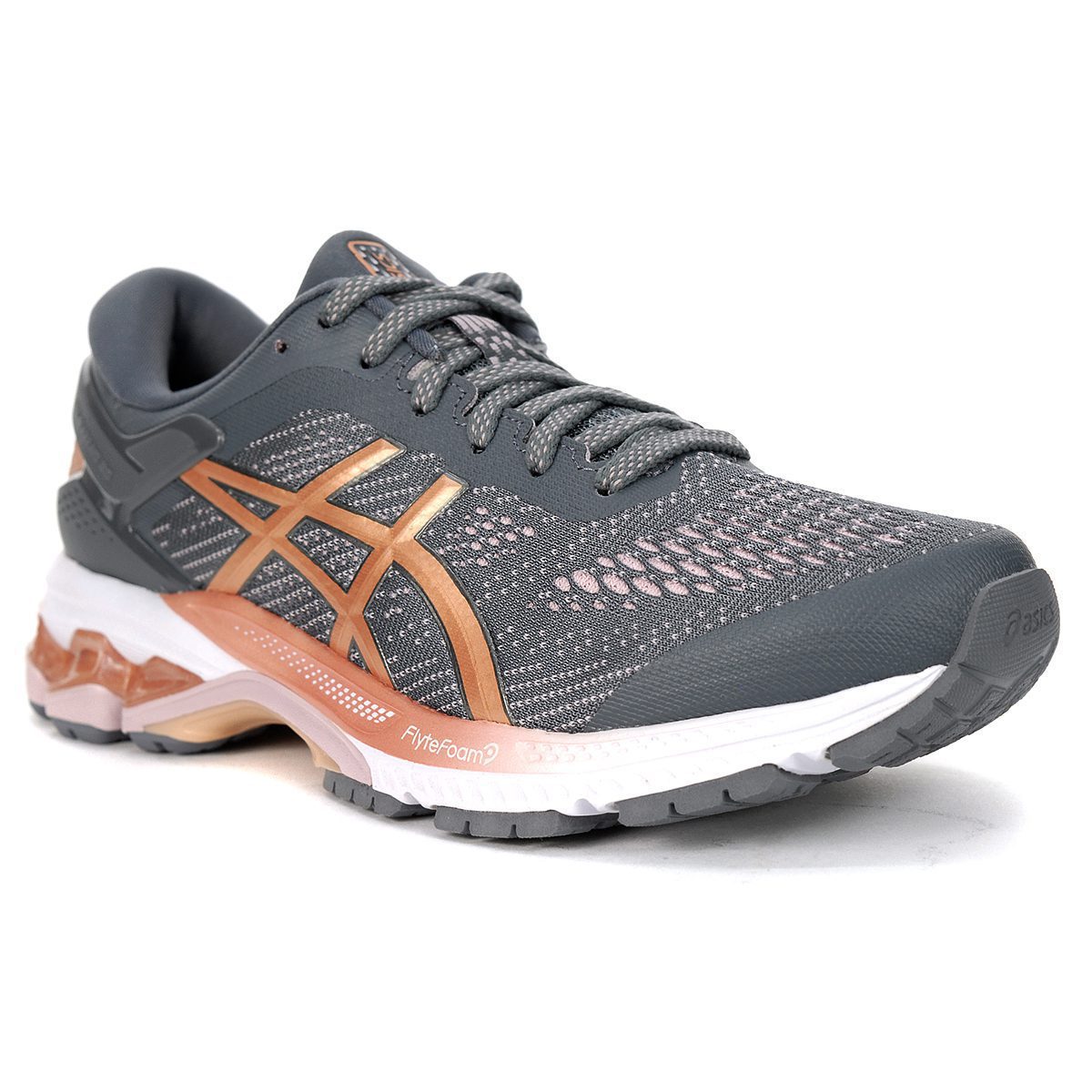 white and rose gold running shoes