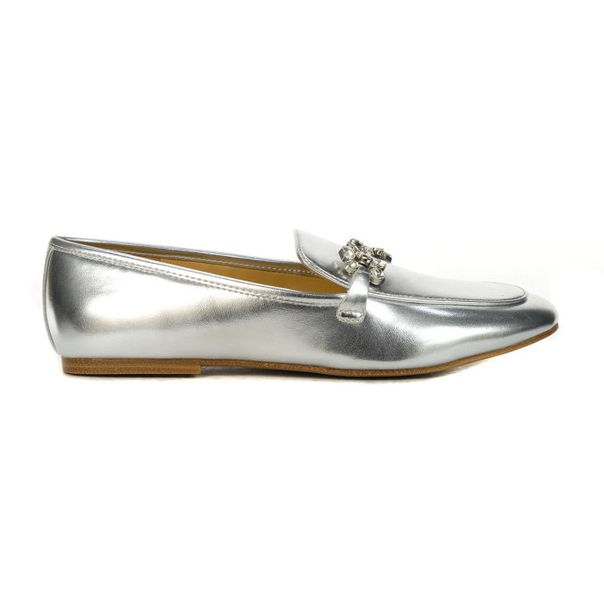 Nine West Women's BENNIT3 Silver Metallic Leather Loafers