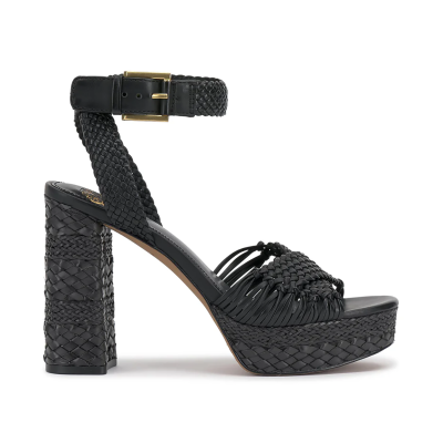 Vince Camuto Pessa Black Woven Leather Block Heel Sandals