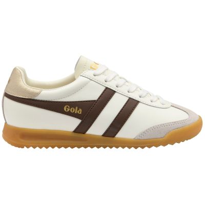 Baskets Gola Torpedo pour femmes, en cuir blanc cassé/marron foncé/doré CLB622WT