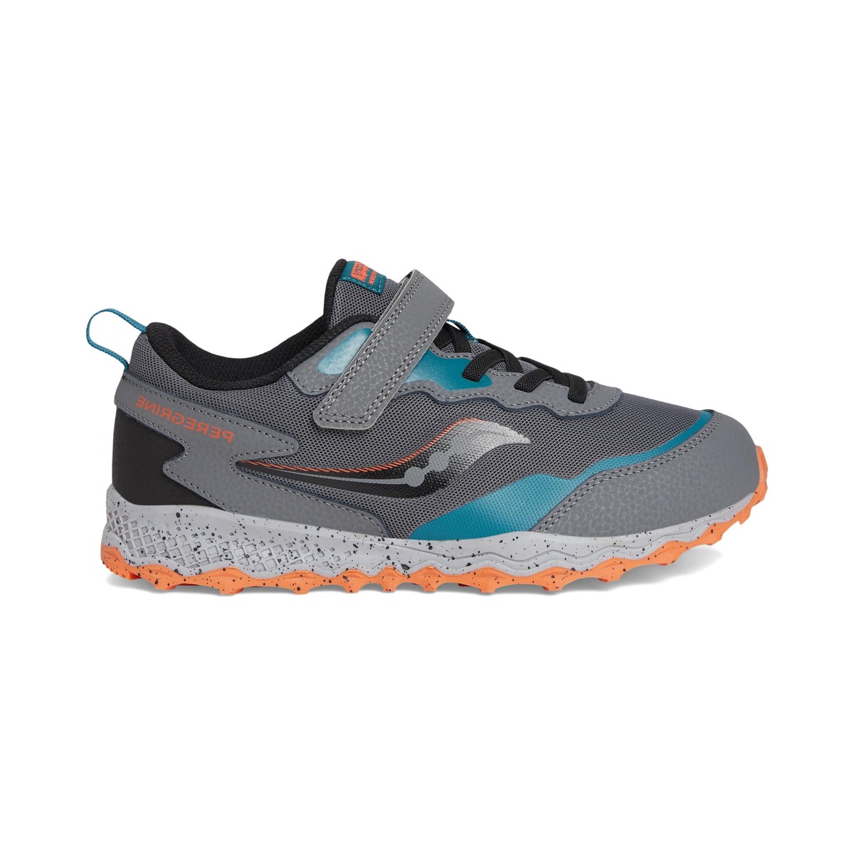 Saucony Big Kids Peregrine KDZ A/C Shield (Wide) Grey/Teal Trail Running Shoes SYF25GG3
