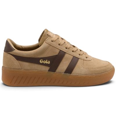 Baskets Gola Grandslam pour femmes, en daim, coloris caramel clair/marron foncé/gomme, référence CLA589CT